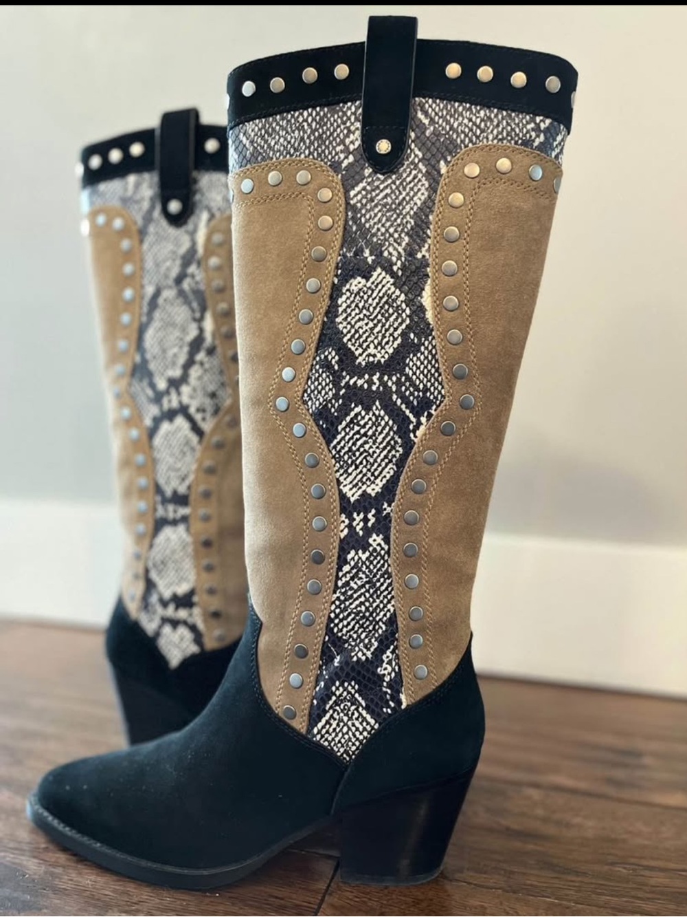 Coach Women's Tan Suede/Black/Snake-Print Western Boots - Picture 8 of 11